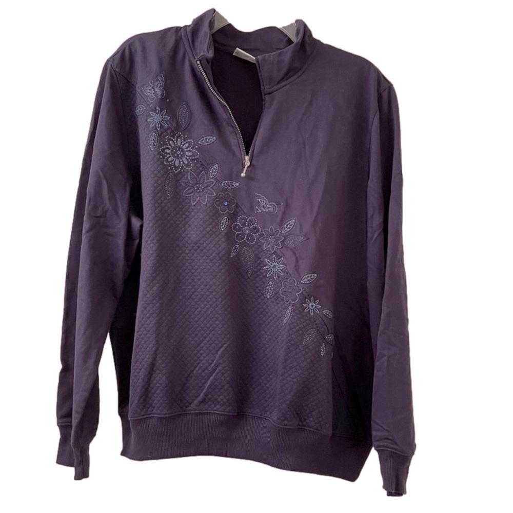 Alfred Dunner Blue Embroidered Zip Long Sleeve Top Size L (G17)